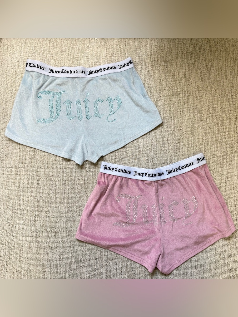 Juicy Couture Velour Rhinestone Logo Shorts - Light Blue & Pink